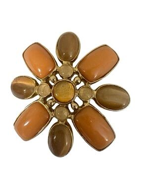 Vintage Gold Tone Floral Brooch Orange Cabochon RETRO